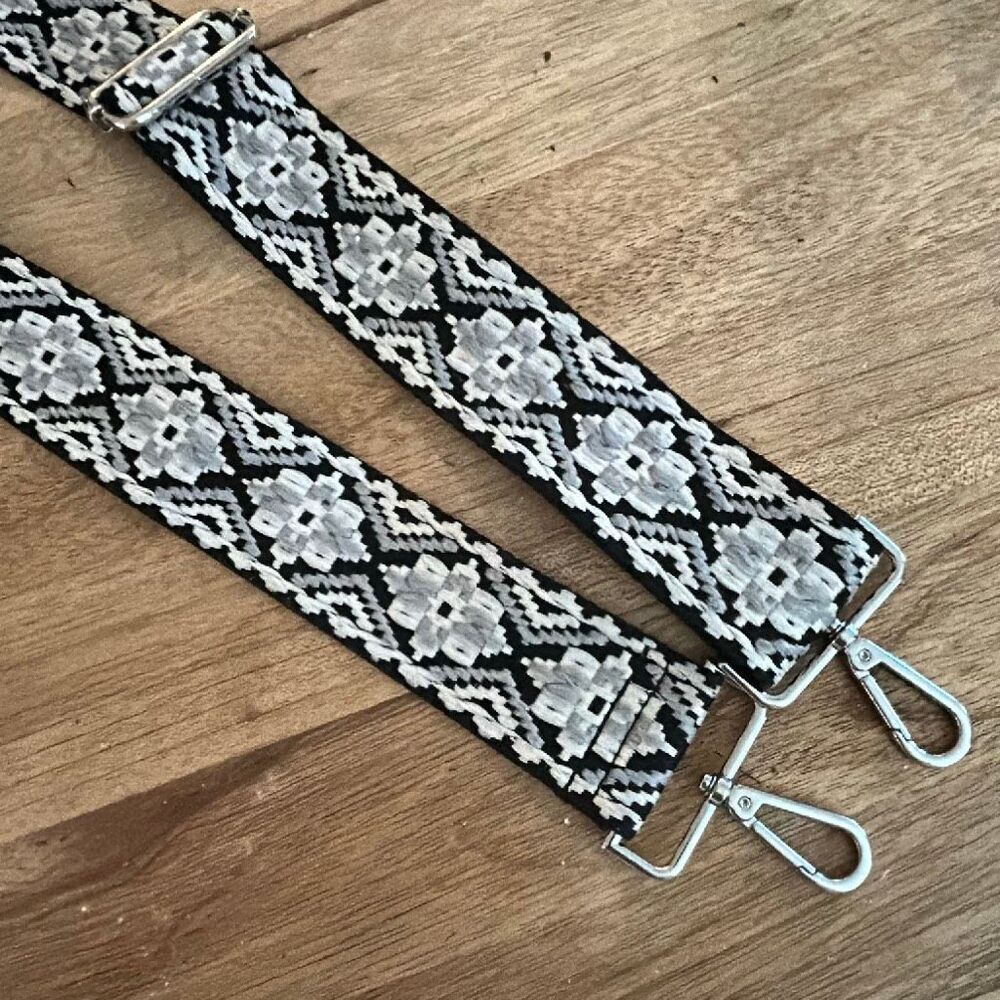 Ah-Dorned Boho woven funky ikat wide Purse replacement strap. Black Gray guitar
